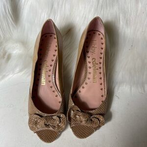 Libby Edelman taupe & brown snake skin print peep toe toe wedge shoes size 8.5